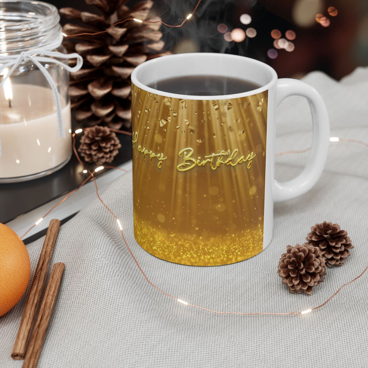Happy Birthday Mug – Gold Glitter Confetti Design, 11oz & 15oz Ceramic Coffee Cup, Birthday Gift