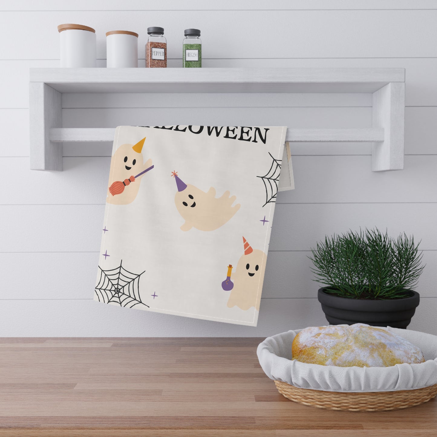 Halloween Party Ghosts Tea Towel – Whimsical Spider Web and Stars Design