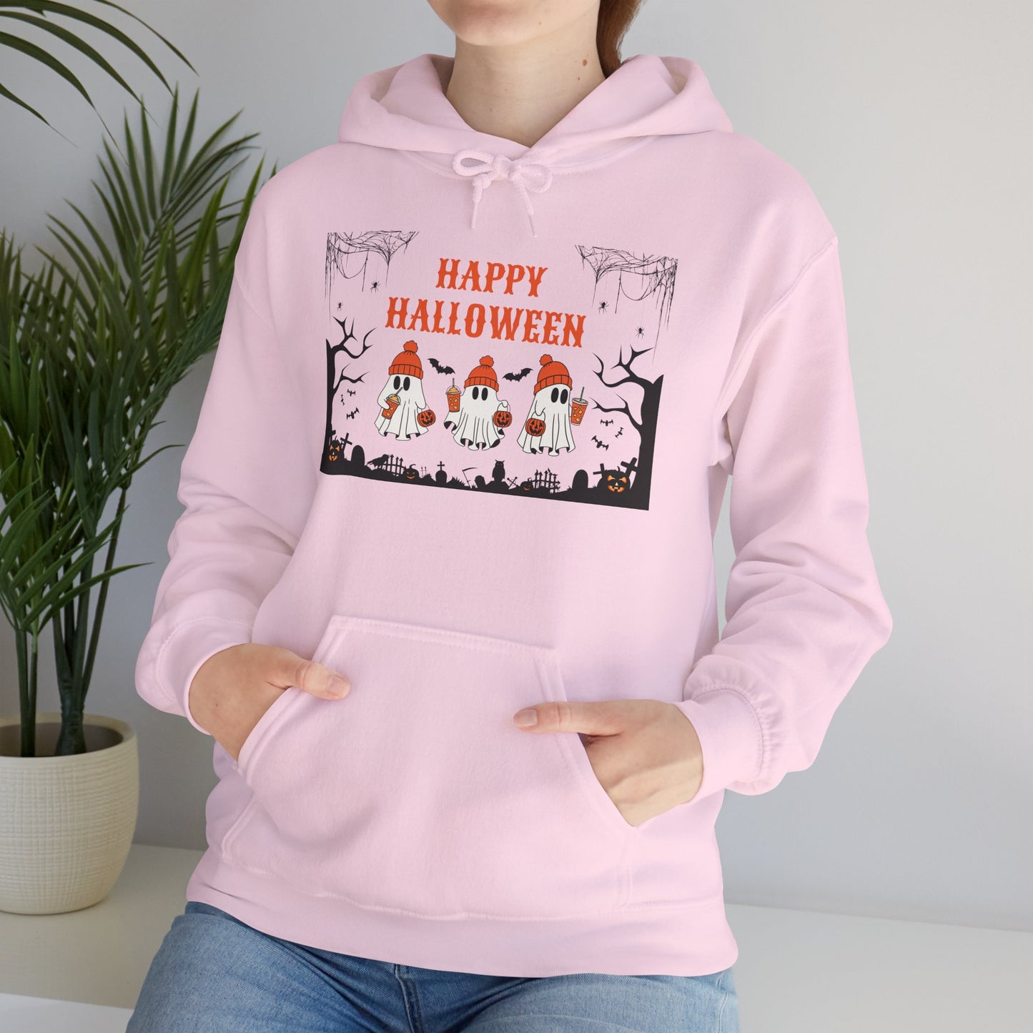 Happy Halloween” Ghost Hoodie – Pumpkin Parade in Haunted Forest
