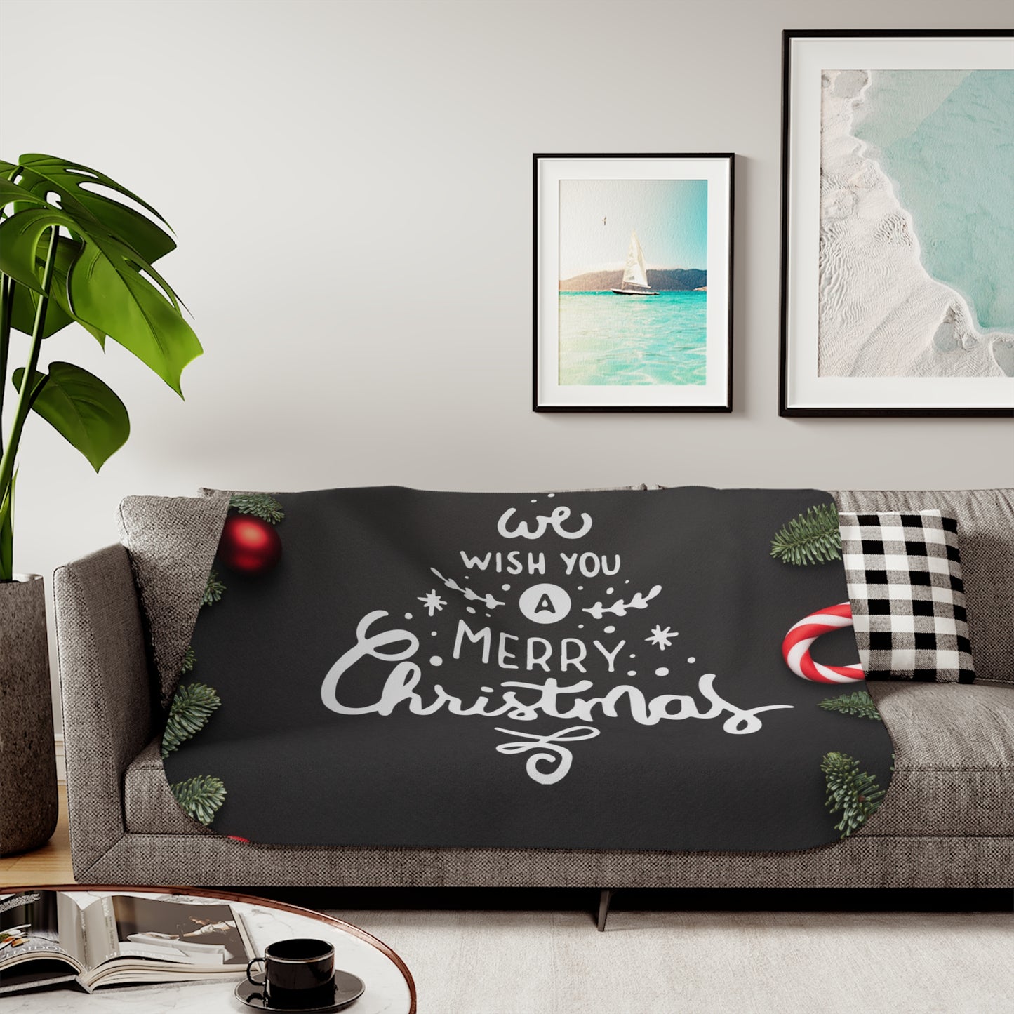 Wish You Merry Christmas in Black Printed Sherpa Blanket