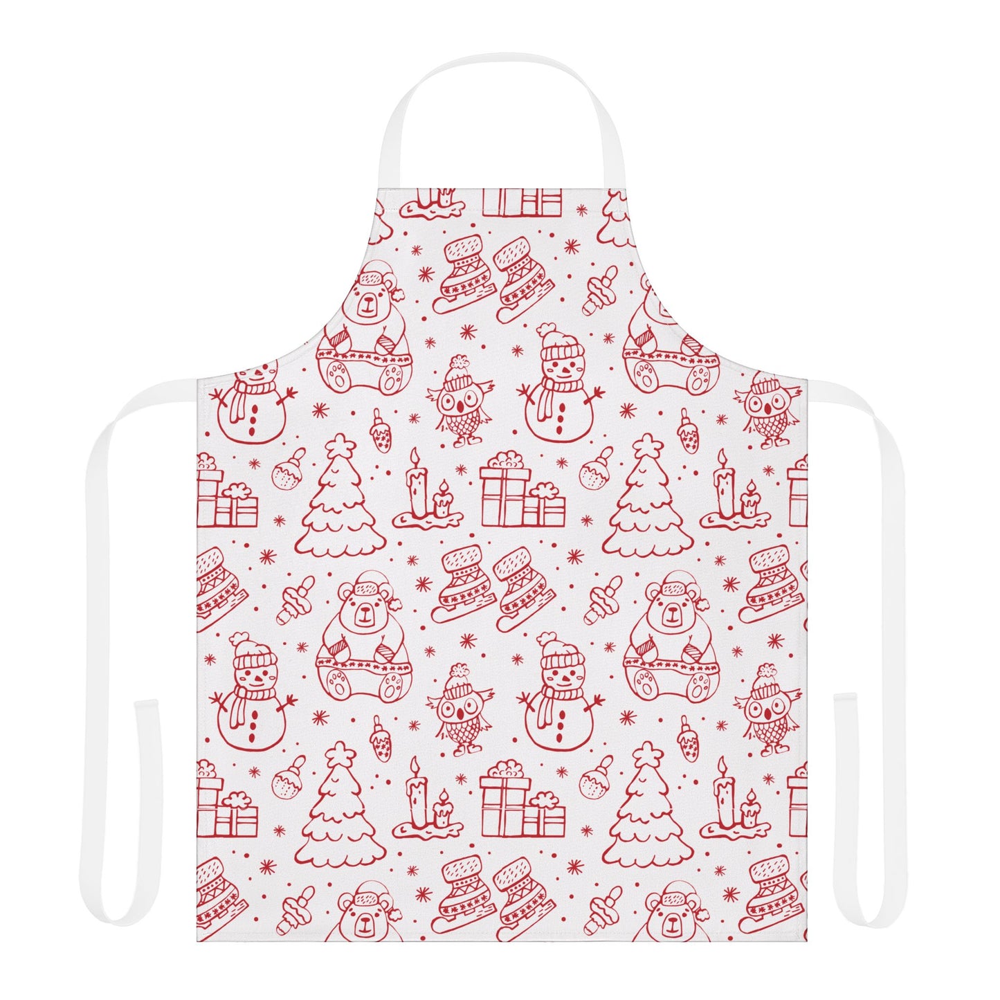 Festive Christmas Apron with Red Holiday Illustrations and Adjustable Straps