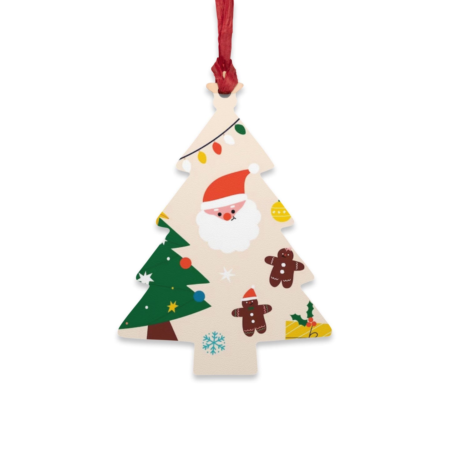 Wooden Bell Ornament – Green Christmas Design with Wreaths, Gingerbread & Santa Hat – Rustic Holiday Décor with Magnetic Back