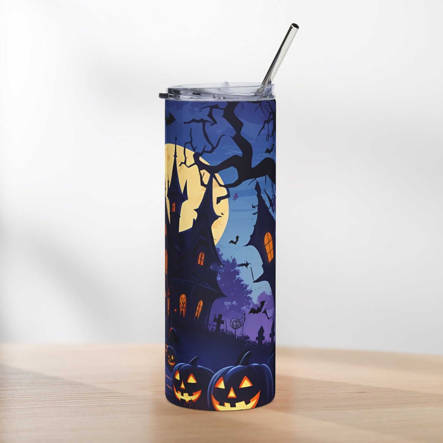 Haunted House Halloween Tumbler – Moonlit Path & Pumpkin Glow