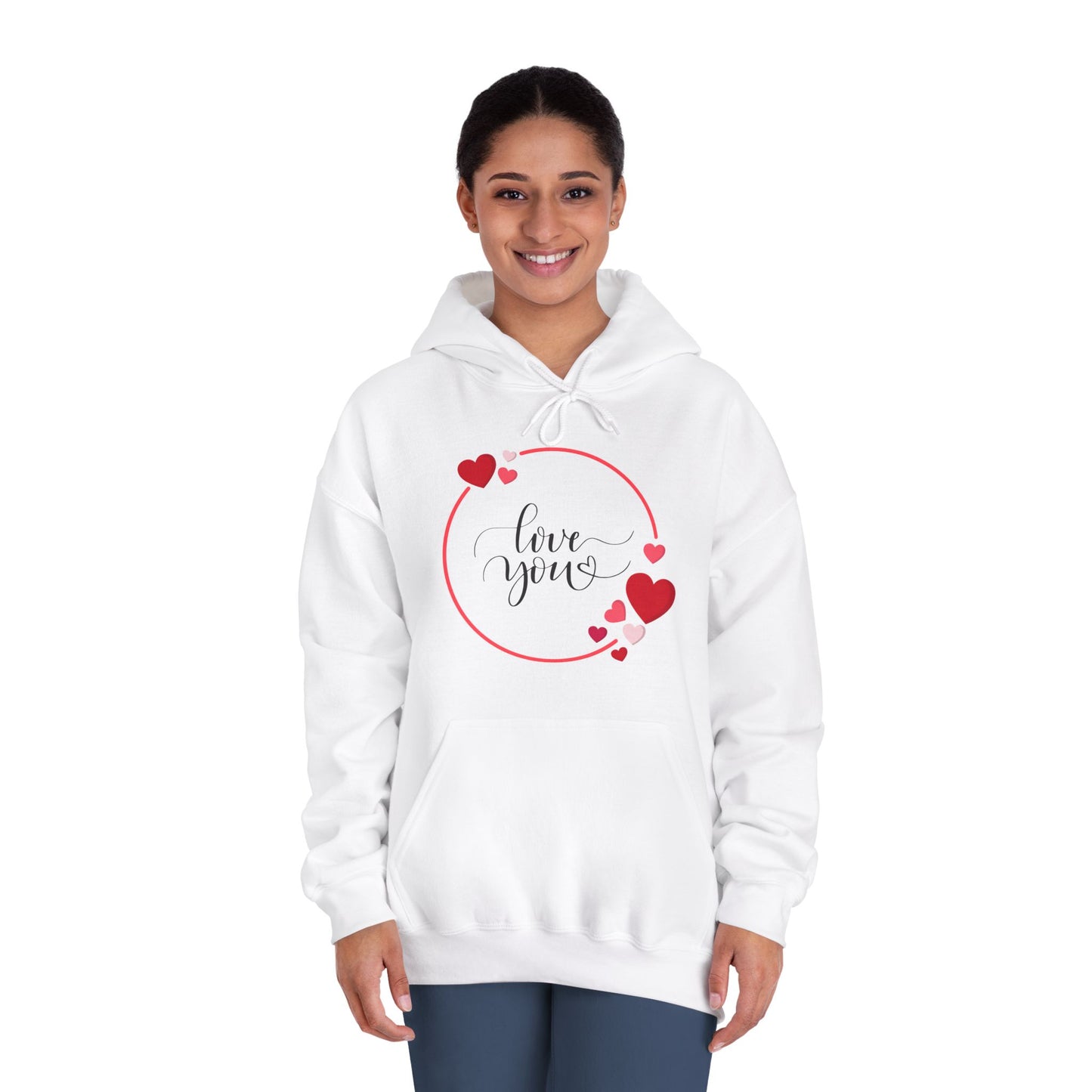 Love You with Hearts Printed Unisex DryBlend® Hooded Sweatshirt, White & Red