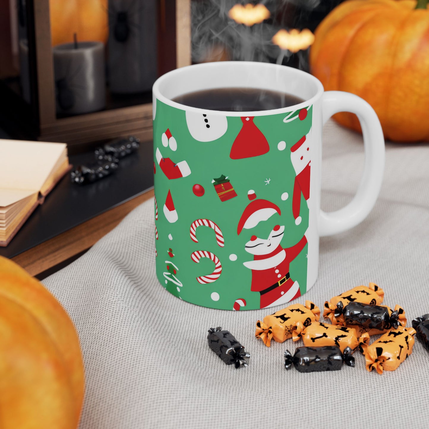 Ceramic Mug – Green Christmas Design with Santa, Candy Canes & Gifts – Holiday Gift for Coffee & Cocoa Lovers
