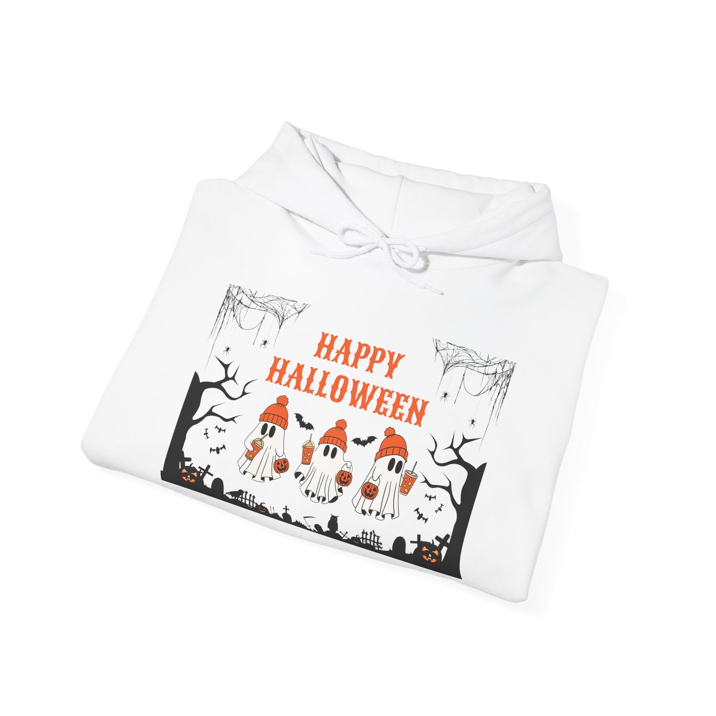 Happy Halloween” Ghost Hoodie – Pumpkin Parade in Haunted Forest