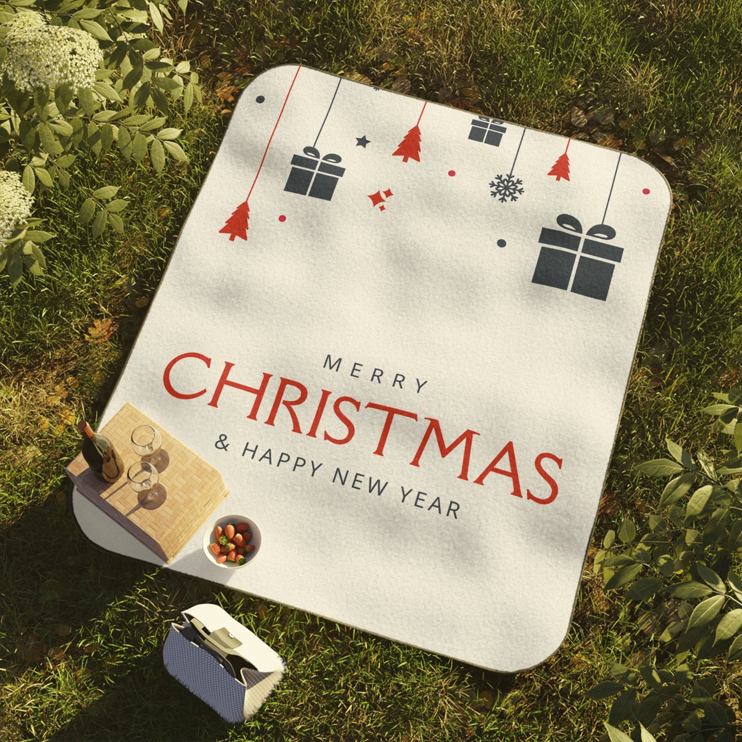 Merry Christmas & Happy New Year Printed Picnic Blanket, White