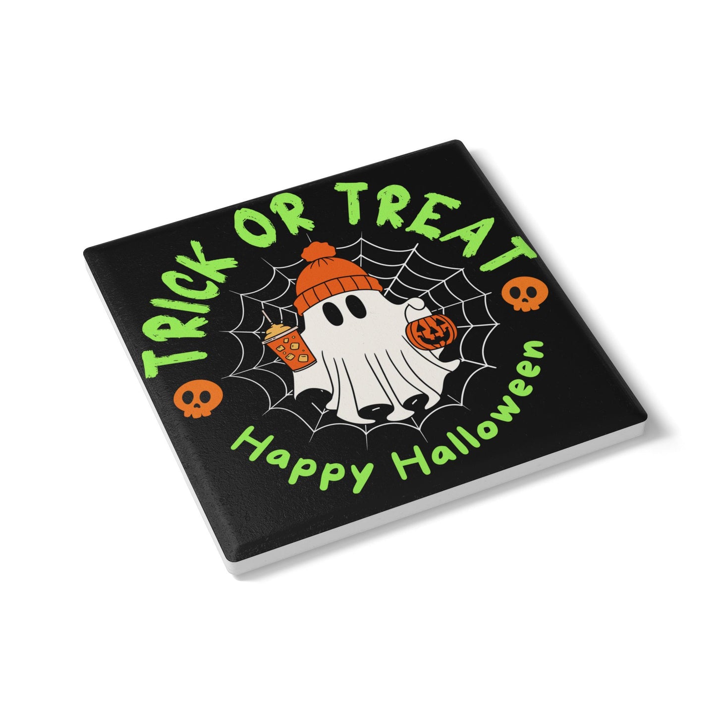Trick or Treat Ceramic Coaster – Cute Ghost with Pumpkin and Drinks