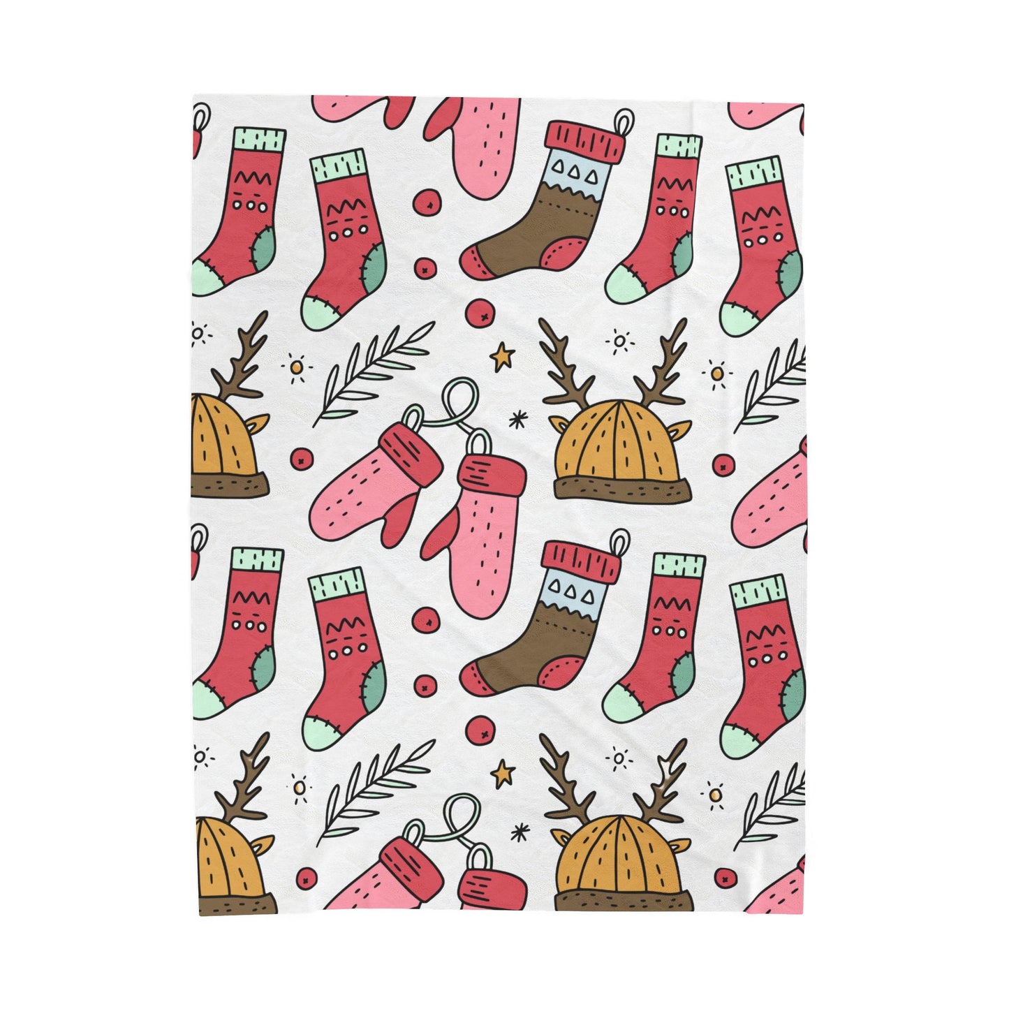 Holiday Print Velveteen Plush Blanket – Reindeer, Mittens & Stockings Design