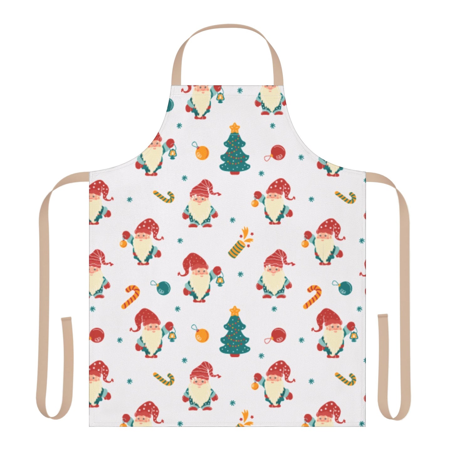 Festive Christmas Apron with Gnomes, Ornaments, and Holiday Decorations