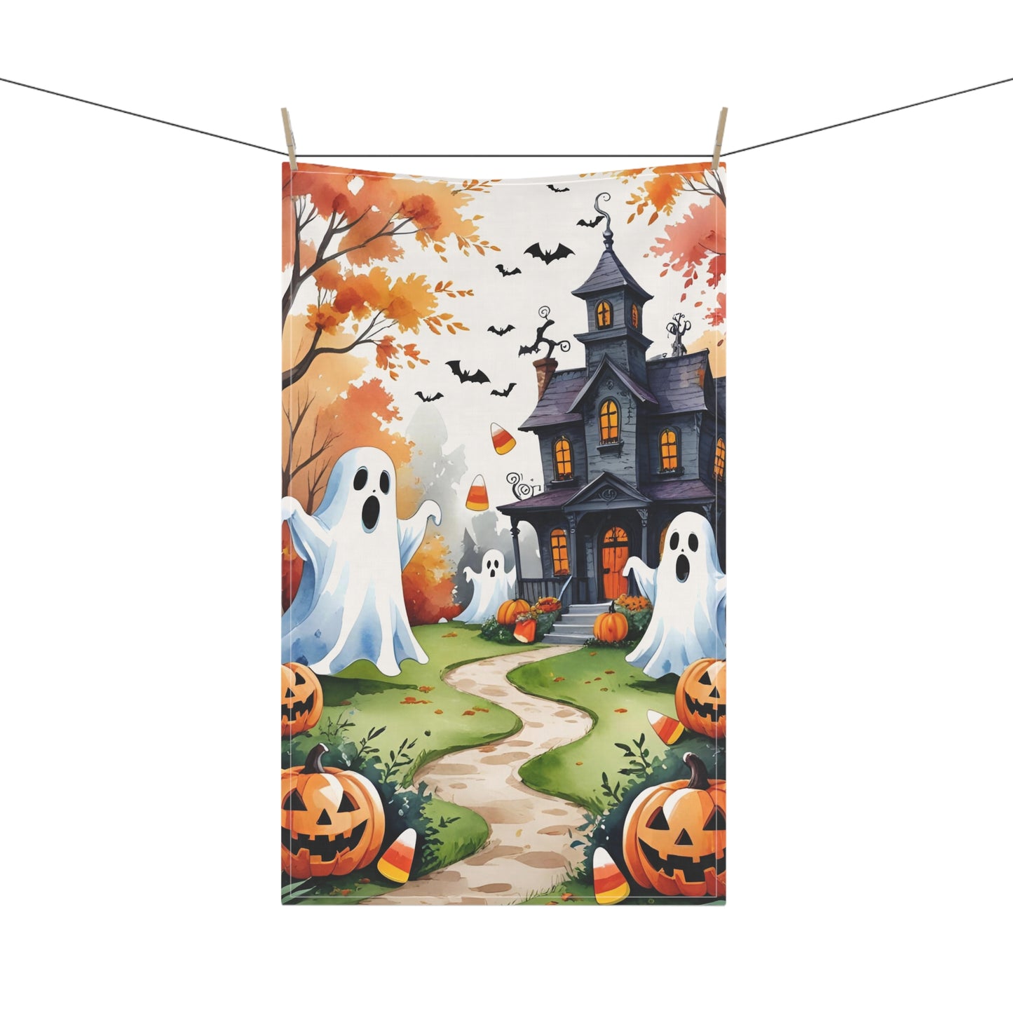 Playful Ghosts Halloween Tea Towel – Haunted House, Pumpkins, and Autumn Leaves