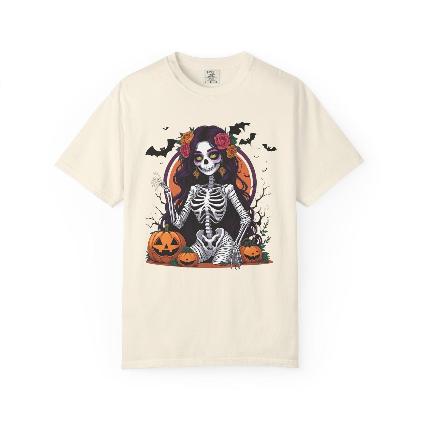 Sitting Skeleton Girl Tee – Gothic Halloween Shirt with Floral Crown