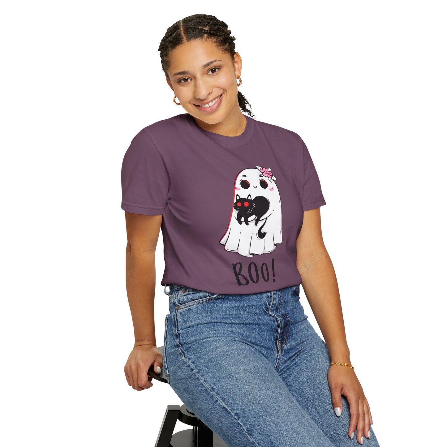 BOO Buddies Tee – Ghost & Cat Duo with Floral Charm