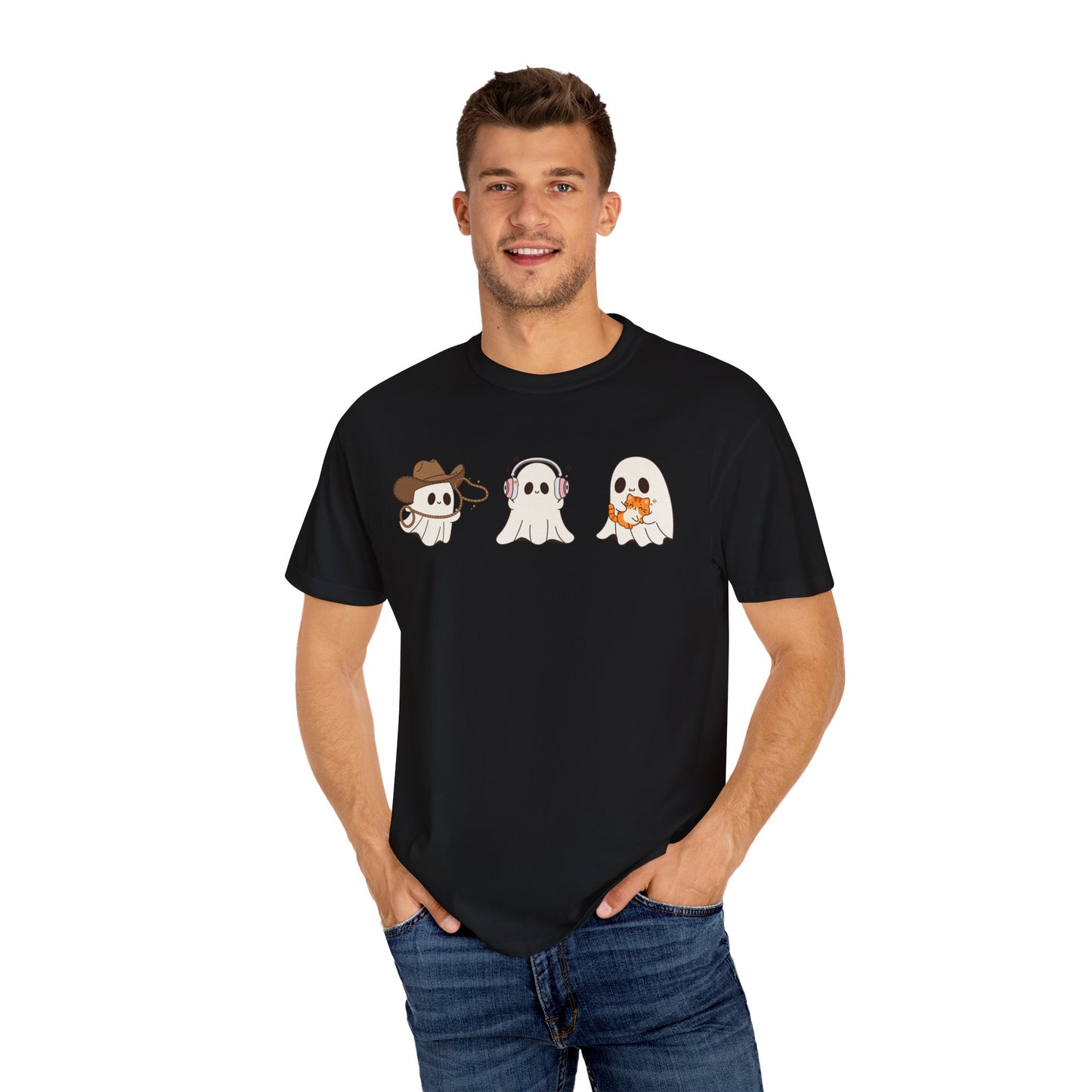 Halloween Ghost Trio T-Shirt – Purple Unisex Tee for Spooky Season & Costume Parties