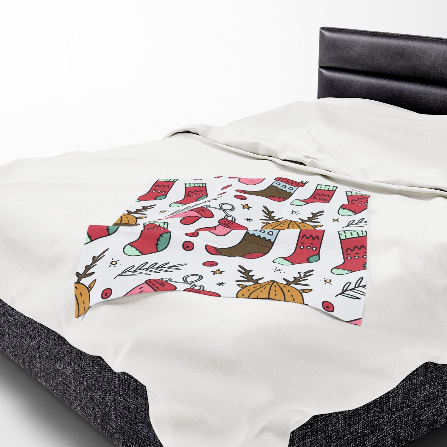 Holiday Print Velveteen Plush Blanket – Reindeer, Mittens & Stockings Design