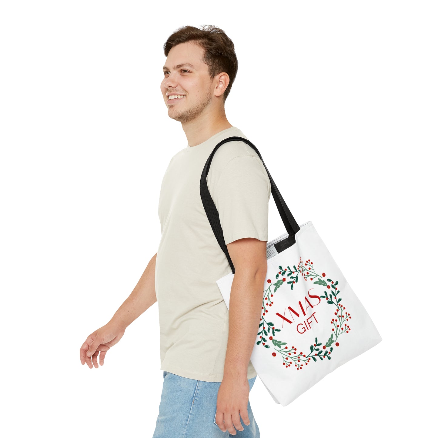 Christmas Tote Bag with “XMAS GIFT” Wreath Design – Durable All-Over Print Holiday Carryall in 3 Sizes