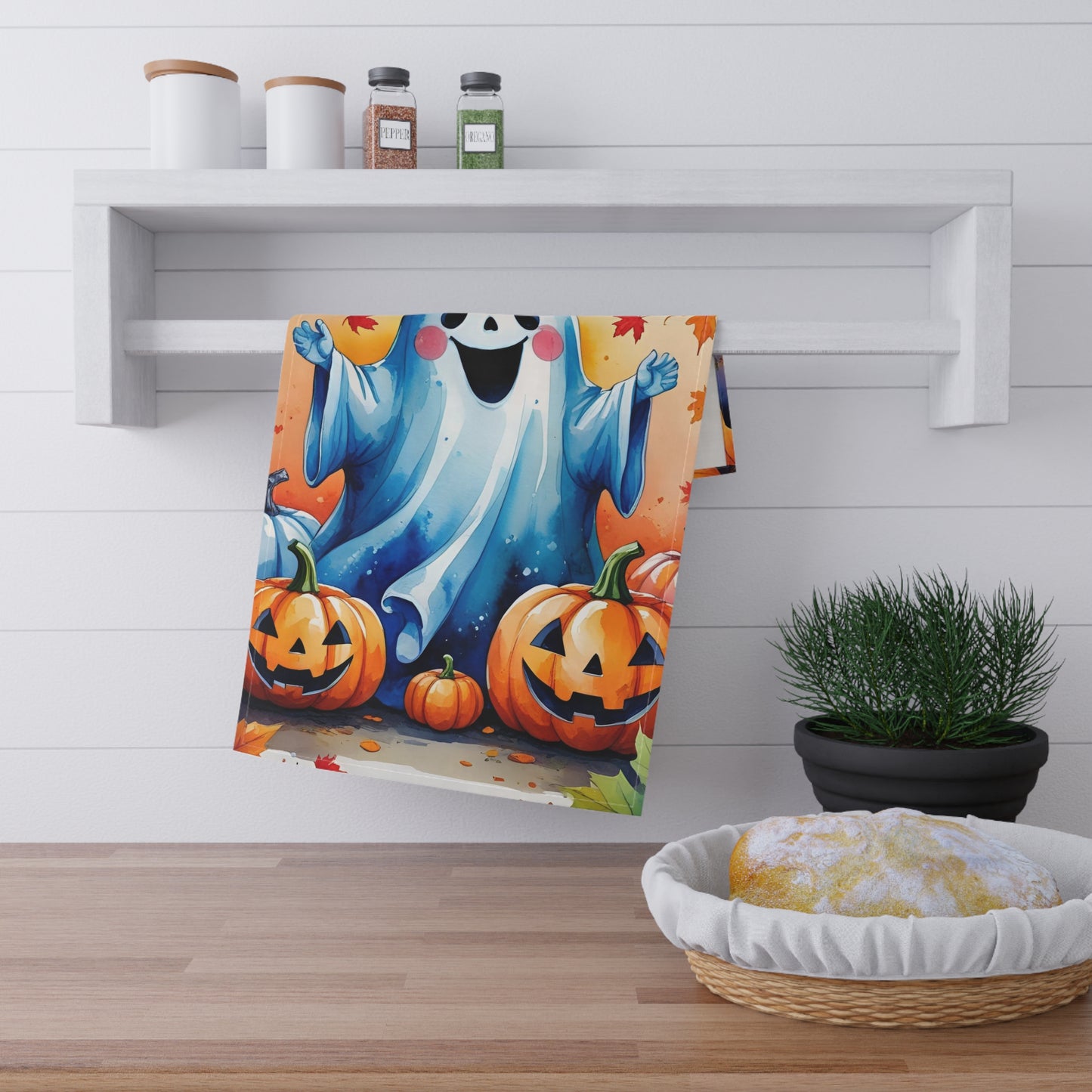 Cheerful Ghost Halloween Tea Towel – Pumpkins and Autumn Leaves