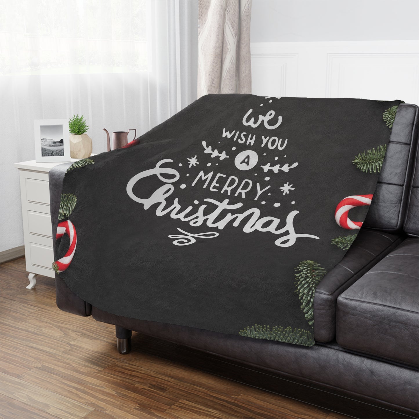 We Wish You Merry Christmas Prited Velveteen Minky Blanket, Black