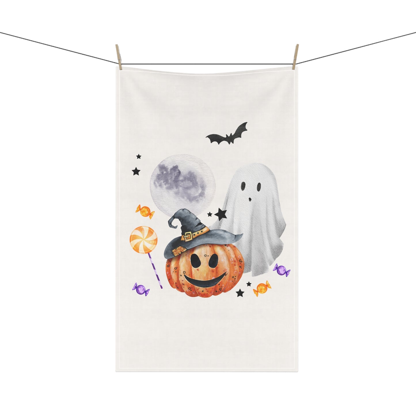 Smiling Pumpkin Halloween Tea Towel – Witch Hat, Ghost, and Candy Design