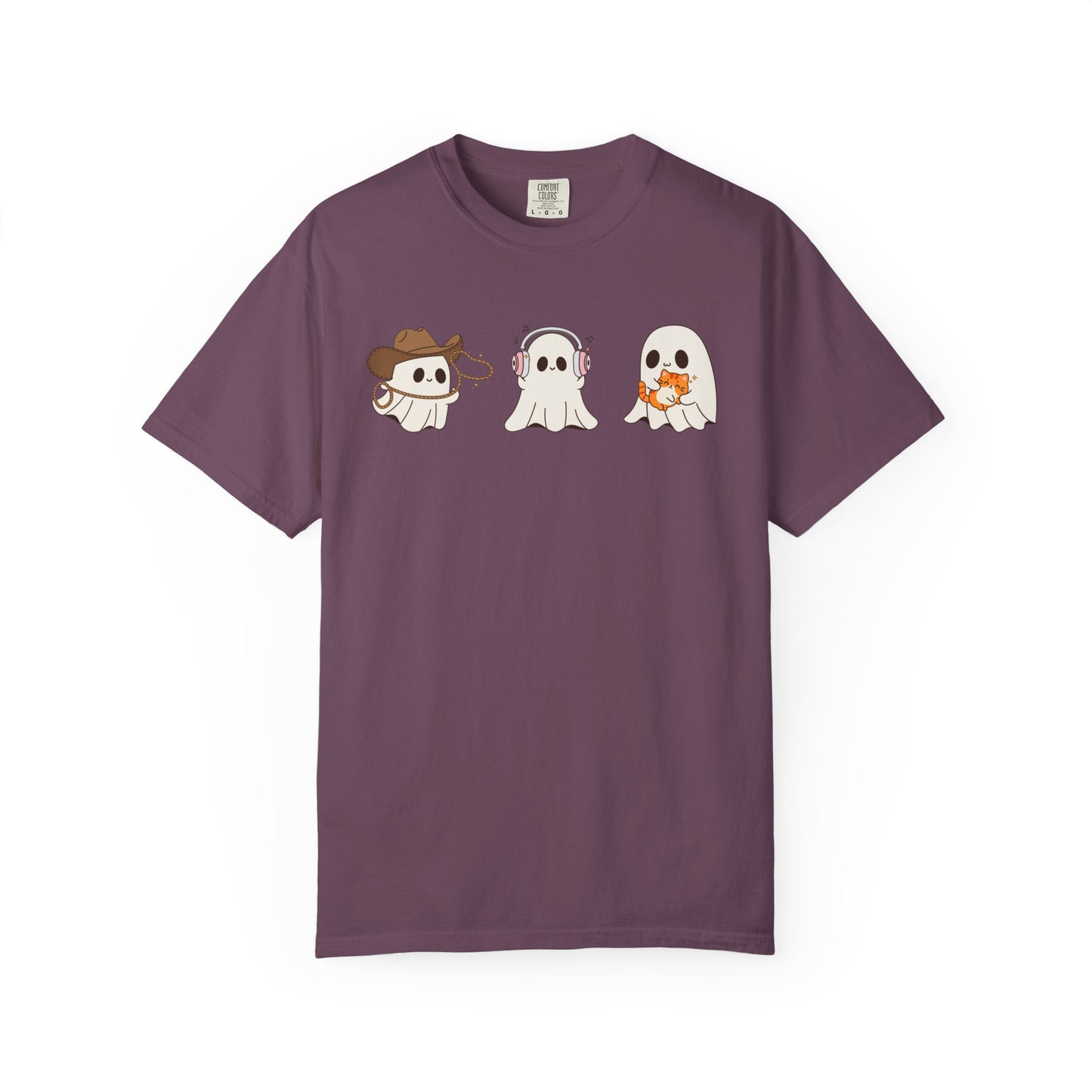 Halloween Ghost Trio T-Shirt – Purple Unisex Tee for Spooky Season & Costume Parties