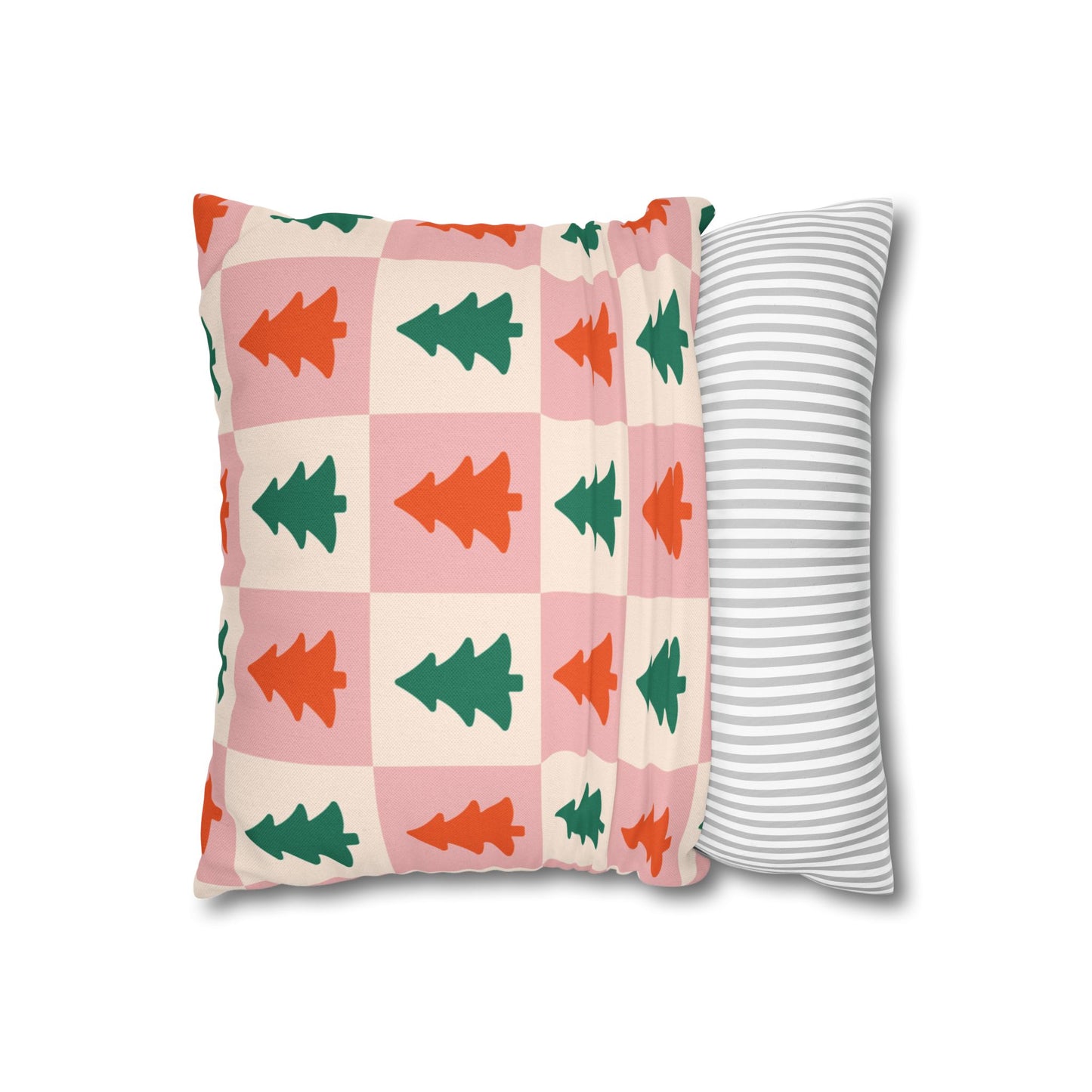 Square Pillowcase - Christmas Tree Checkered Throw Pillow - Pink & White Holiday Cushion