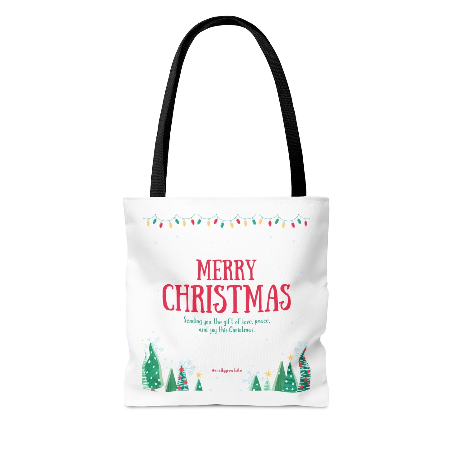 Tote Bag – “MERRY CHRISTMAS” with Lights, Tree Row & Holiday Message – Gift for Festive Errands & Seasonal Cheer