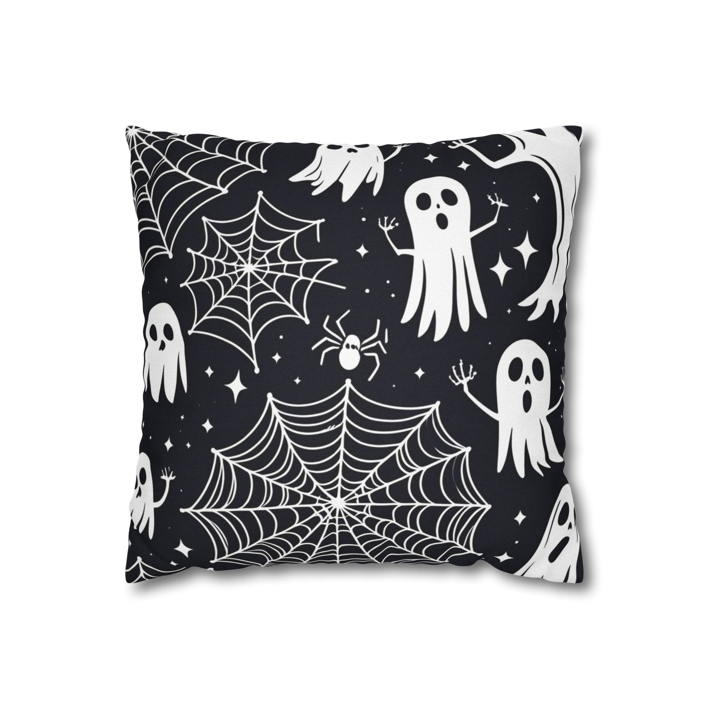 Spooky Halloween Ghost Pillow Cover – Black Throw Pillow with Spiderwebs & Cute Ghosts – Haunted House Decor for Halloween Couch or Bed