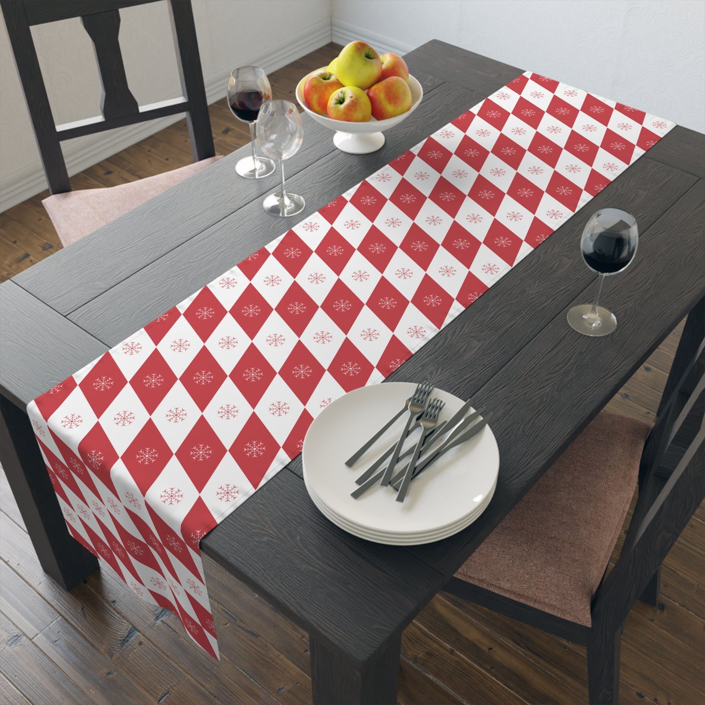 Christmas Table Runner, Red and White Diamond Pattern with Snowflakes, Festive Holiday Dining Decor