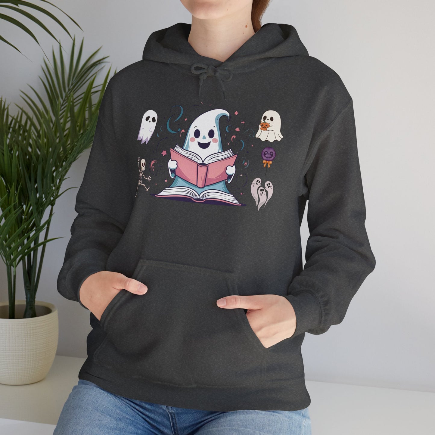 Cute Ghost Reading Hoodie – Whimsical Halloween Sweatshirt for Book Lovers