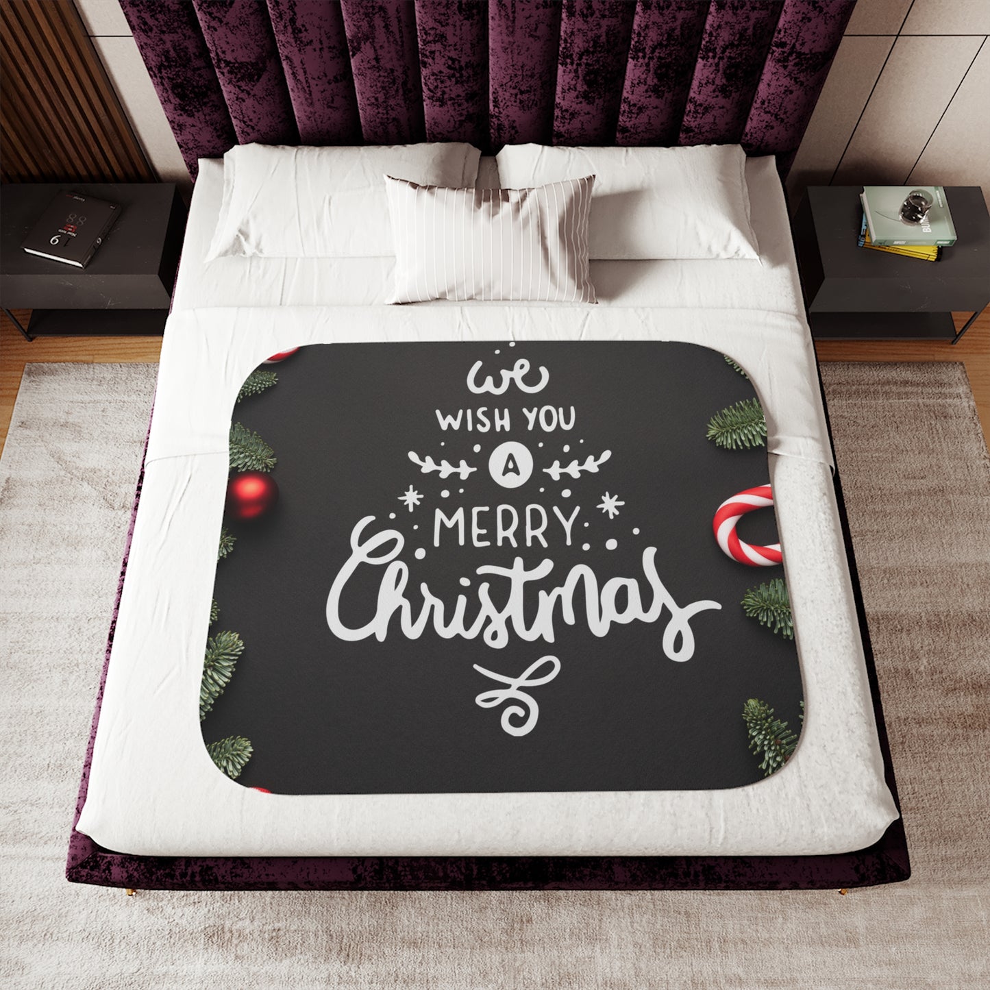 Wish You Merry Christmas in Black Printed Sherpa Blanket