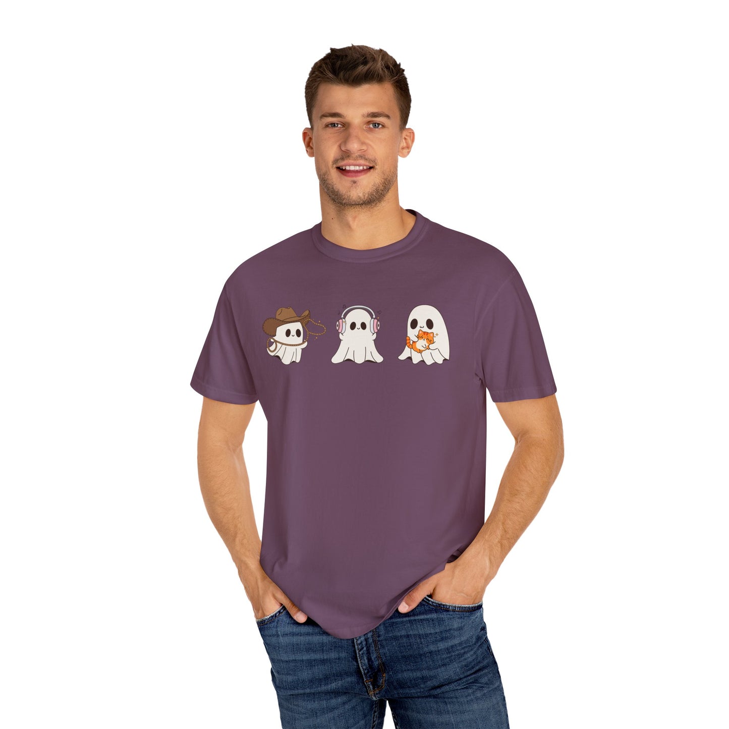 Halloween Ghost Trio T-Shirt – Purple Unisex Tee for Spooky Season & Costume Parties