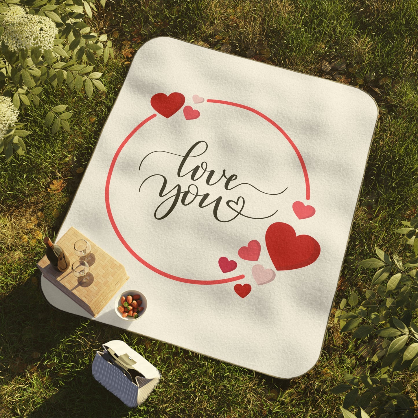 Love You with Flying Hearts Printed Picnic Blanket for Valentine