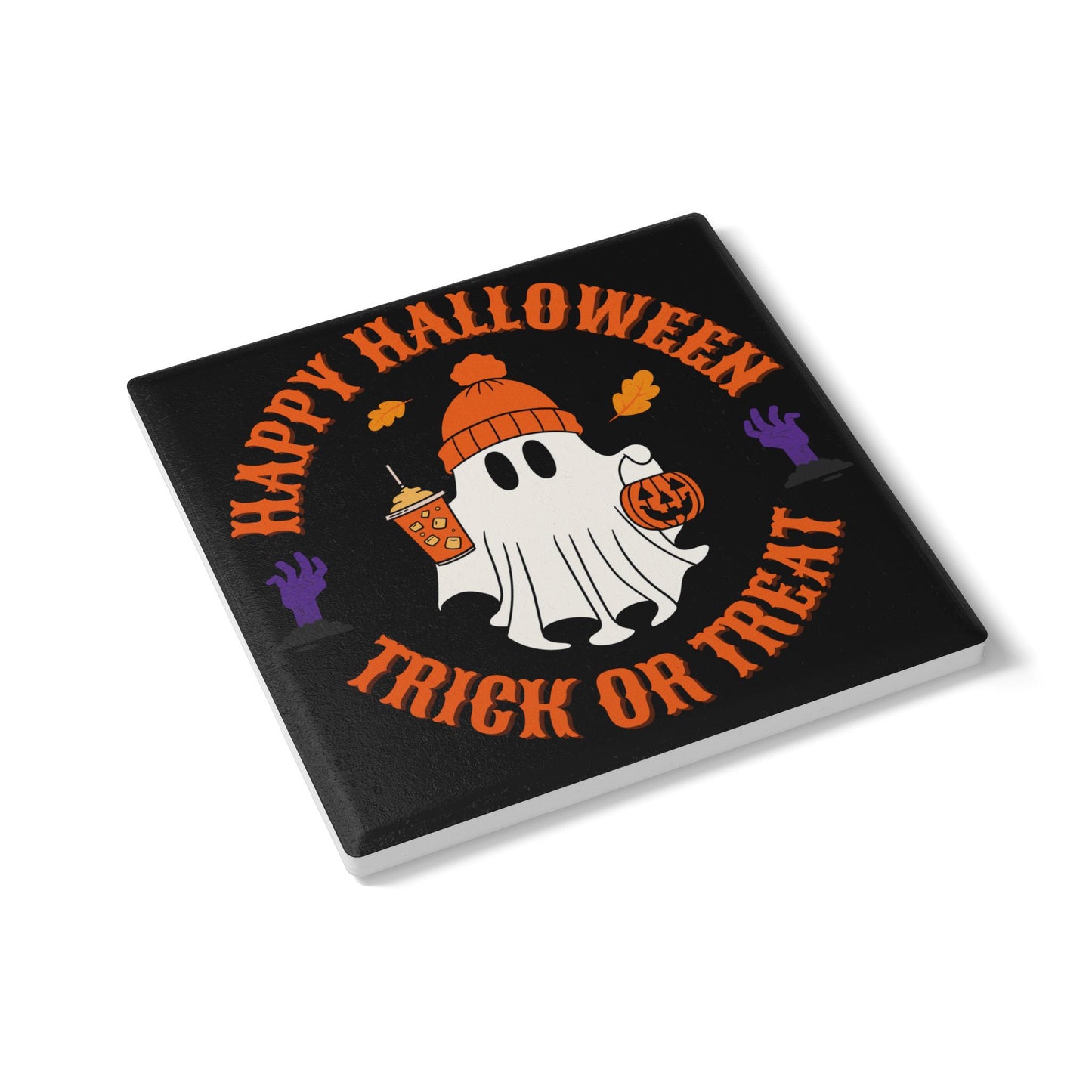 Happy Halloween Ceramic Coaster – Cute Ghost with Pumpkin and Trick or Treat Text