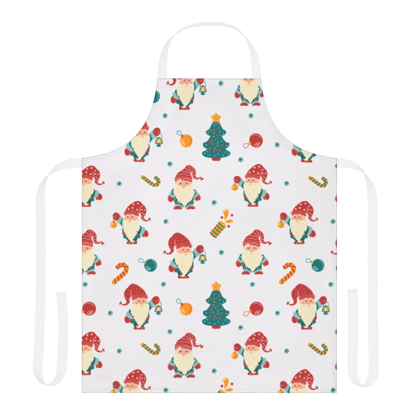 Festive Christmas Apron with Gnomes, Ornaments, and Holiday Decorations