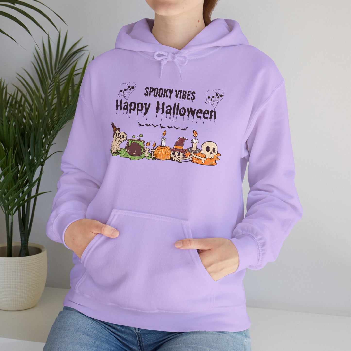 Spooky Vibes” Halloween Hoodie – Ghosts, Cauldrons & Cozy Curses