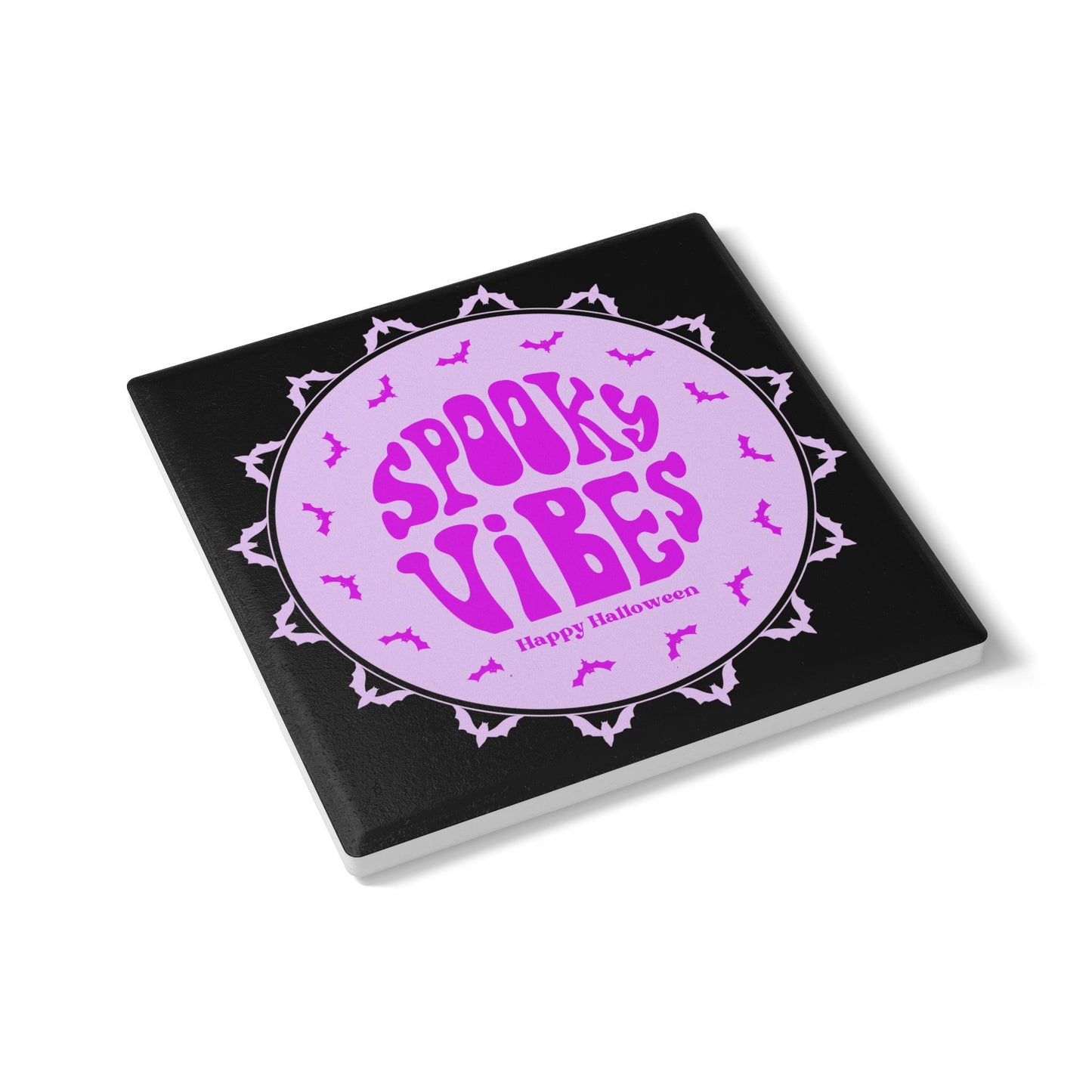 Spooky Vibes Halloween Ceramic Coaster – Festive Purple Drink Accessory