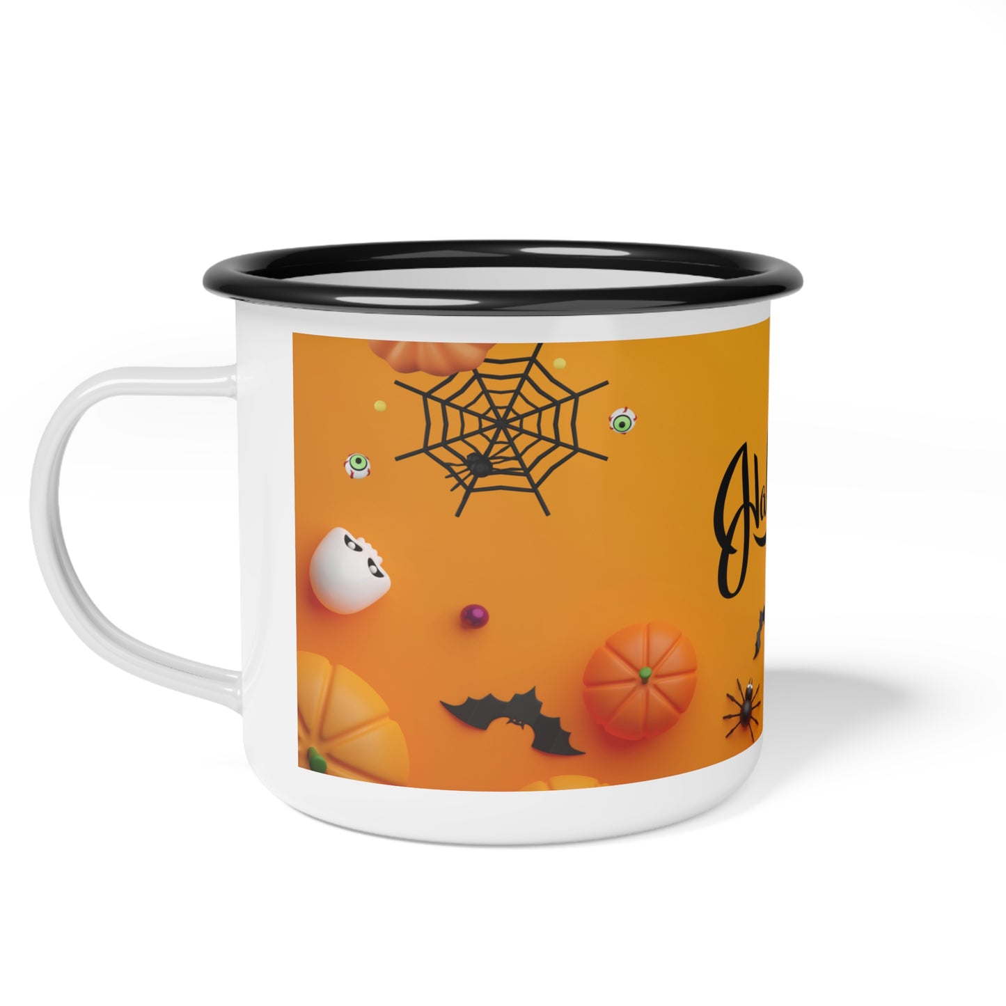 Halloween Enamel Camp Cup – Spooky Orange Design with Ghosts and Pumpkins