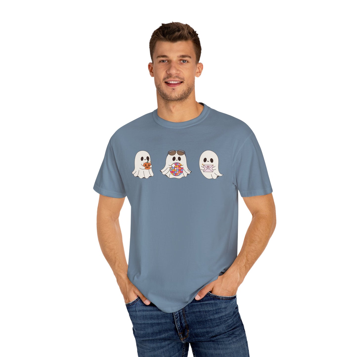 Three Cute Ghosts with Pumpkin, Trick or Treat Party Outfit – October Holiday Shirt