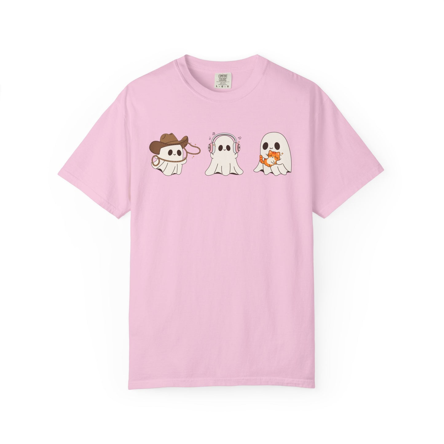 Halloween Ghost Trio T-Shirt – Purple Unisex Tee for Spooky Season & Costume Parties