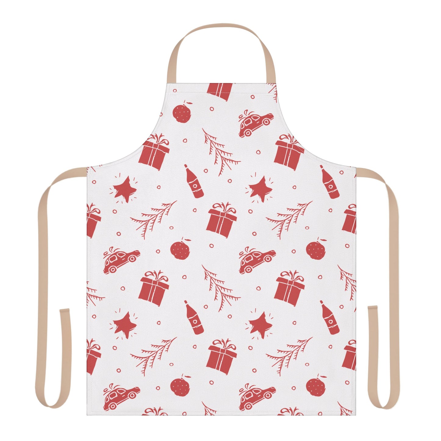 White Christmas Apron with Red Holiday Illustrations and Festive Motifs
