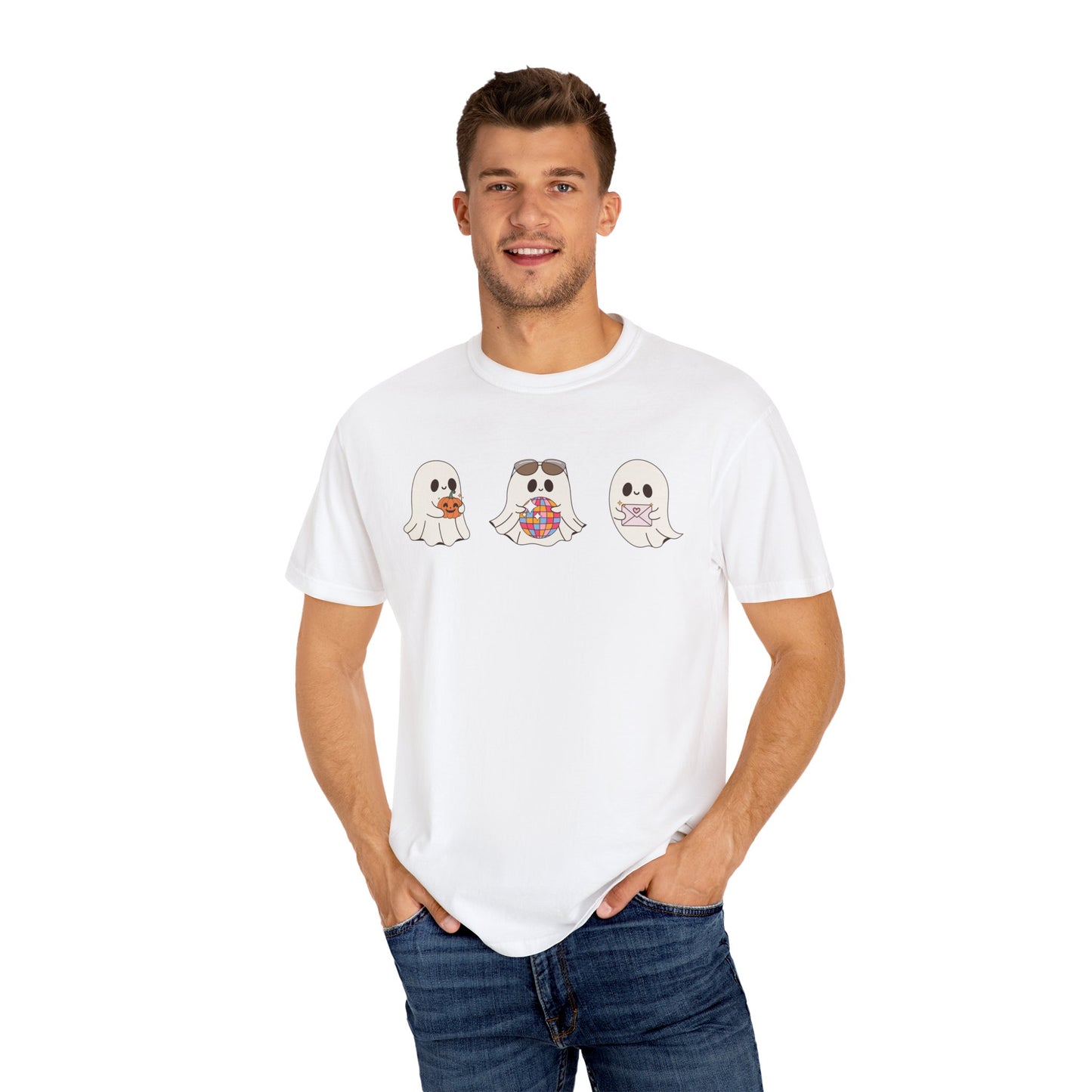 Three Cute Ghosts with Pumpkin, Trick or Treat Party Outfit – October Holiday Shirt
