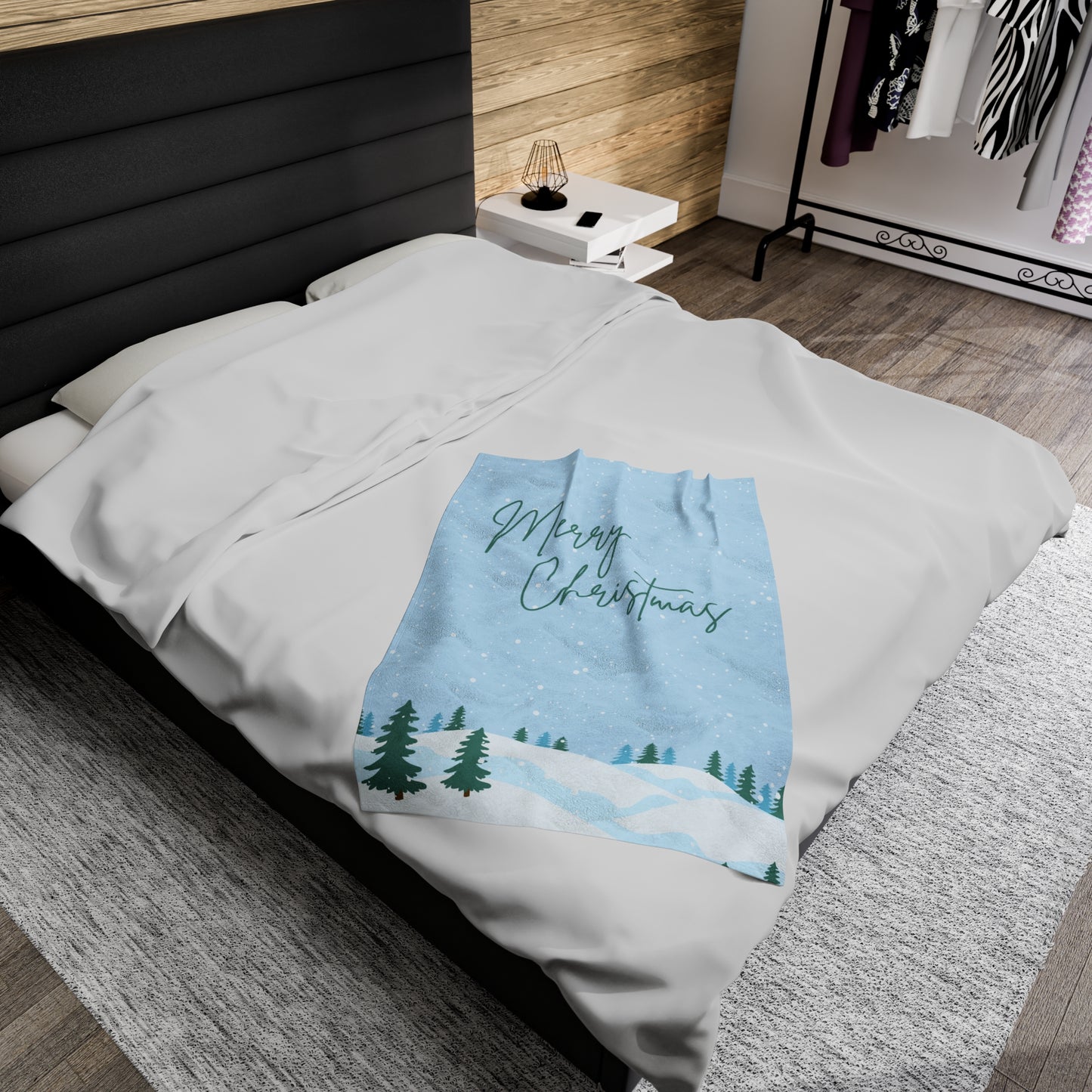 Merry Christmas Printed Velveteen Plush Blanket, Sky Blue