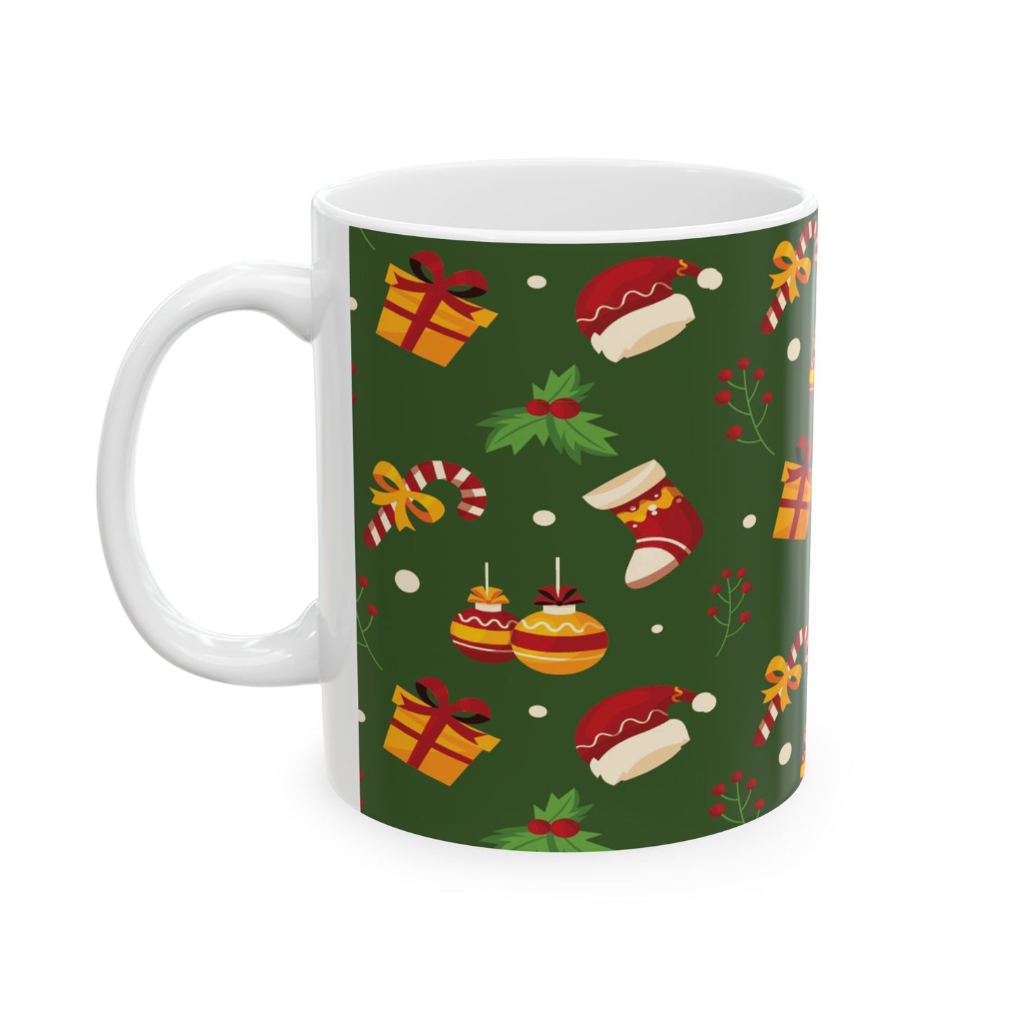 Ceramic Mug – Green Christmas Design with Gifts, Candy Canes & Holly – Festive Gift for Coffee & Cocoa Lovers