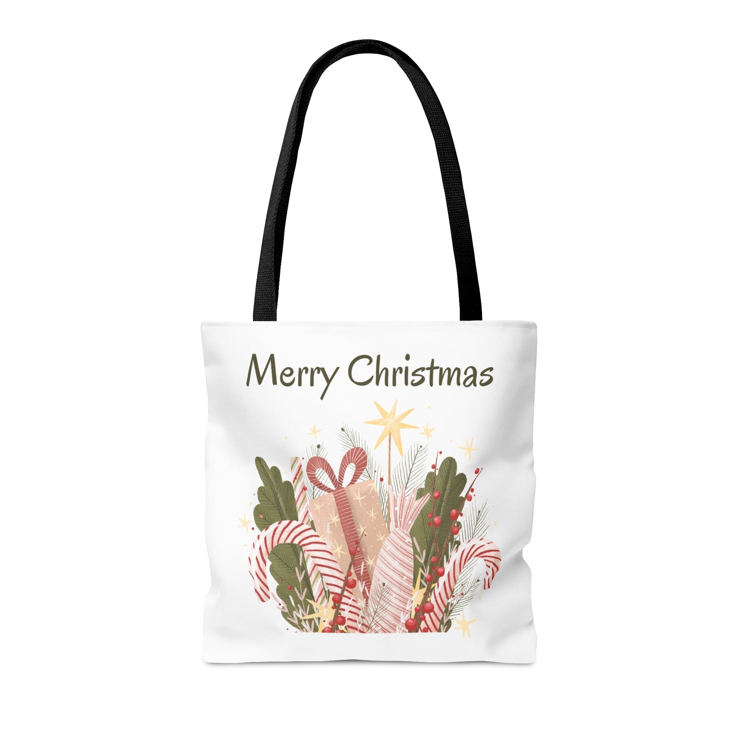 Christmas Tote Bag with “Merry Christmas” Gift Design – Durable All-Over Print Holiday Carryall in 3 Sizes