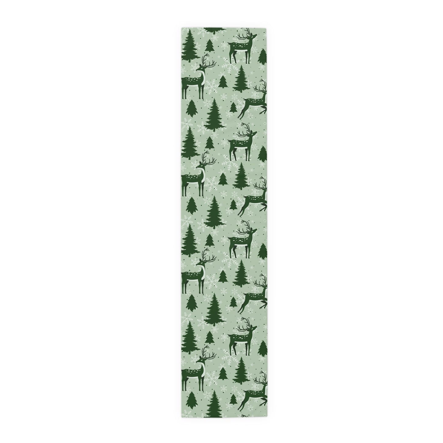 Reindeer & Evergreen Table Runner – Festive Green Winter Holiday Decor