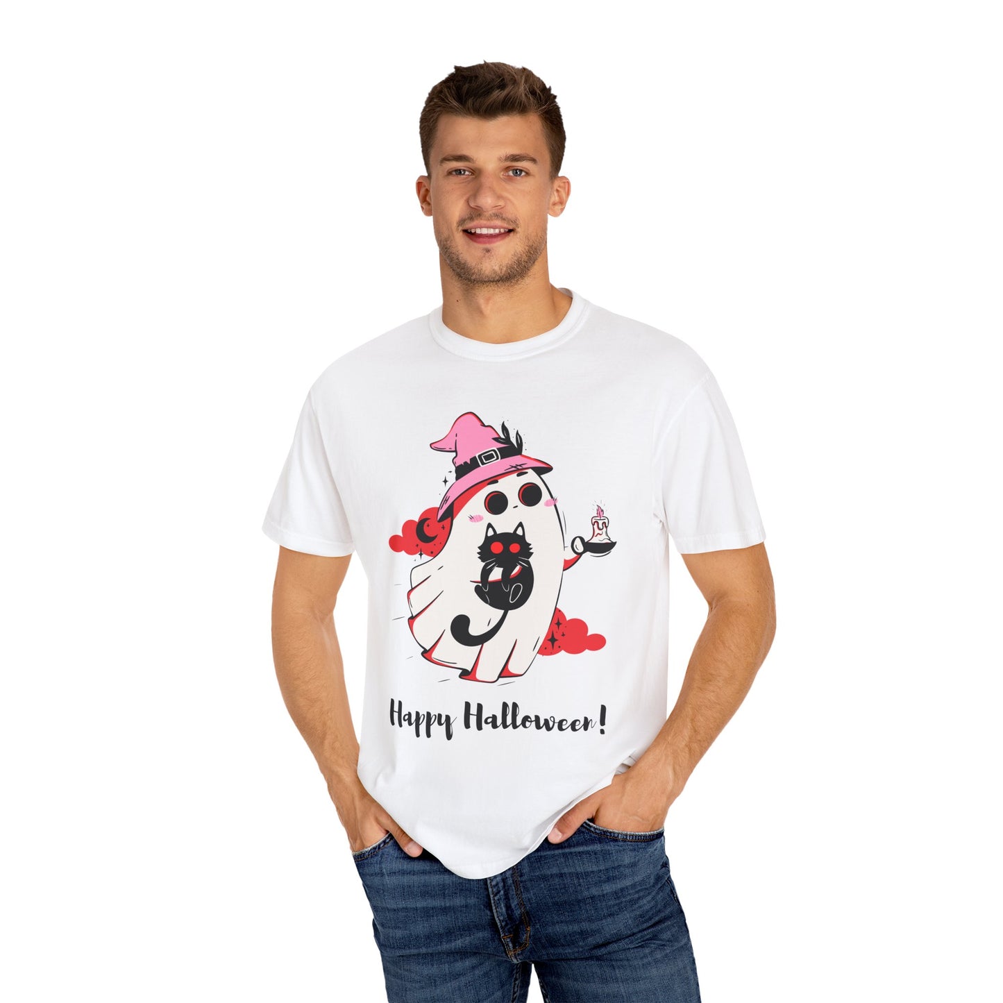 Ghostly Glam T-Shirt - Witchy Whimsy with Cat Companion