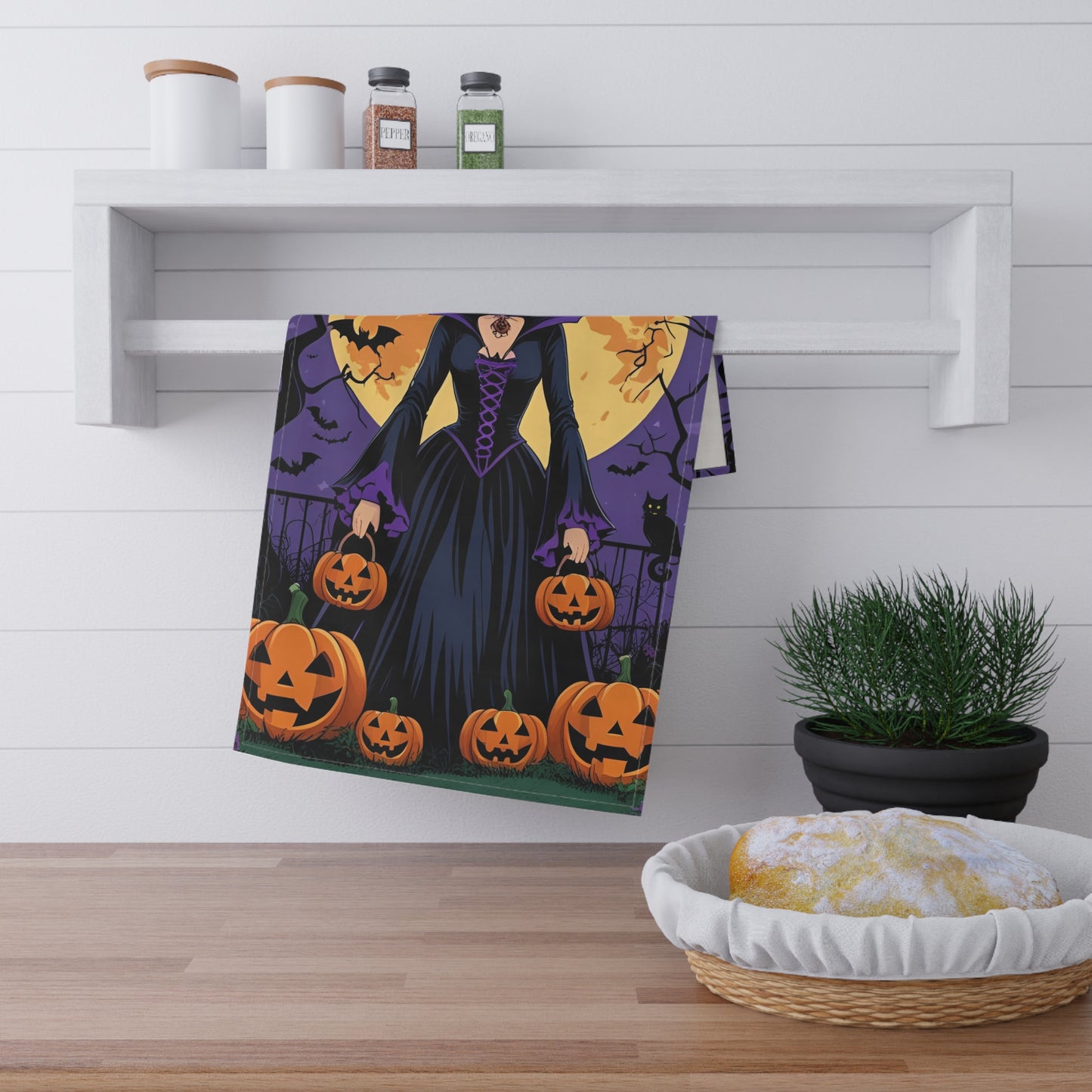 Witch and Jack-O’-Lantern Halloween Tea Towel – Spooky Cat and Pumpkin Design