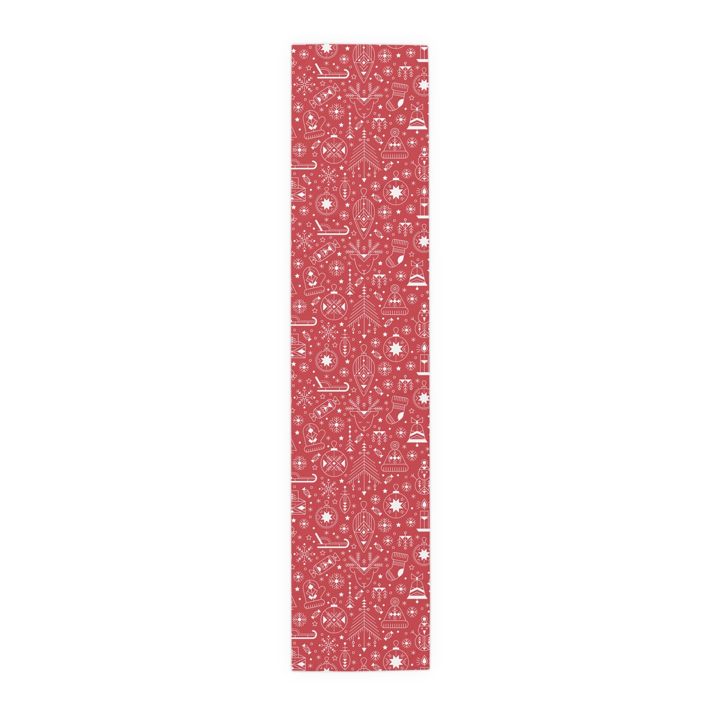 Christmas Table Runner, Red Background with White Ornaments Snowflakes Hearts and Sleighs, Festive Holiday Dining Decor