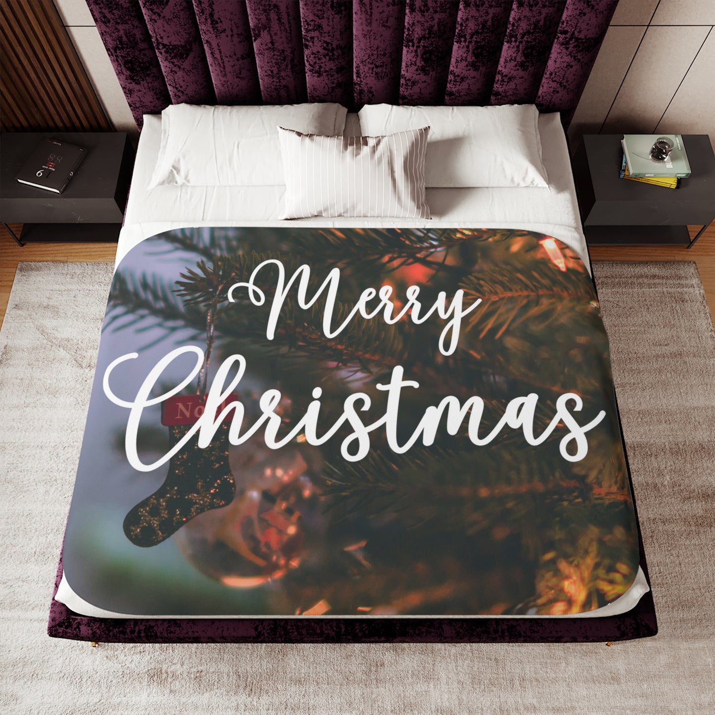 Merry Christams with Ornaments Printed Sherpa Blanket