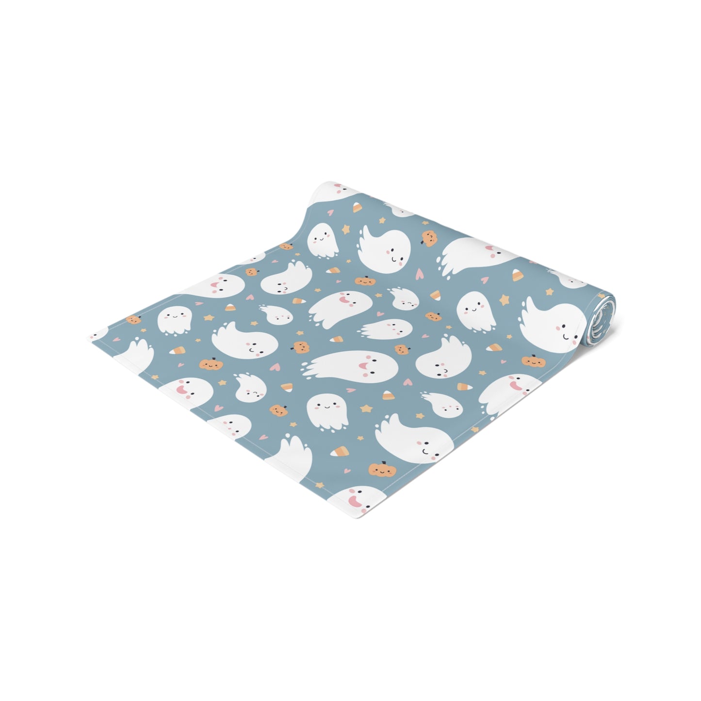 Smiling Ghost Pattern Table Runner – Whimsical Blue Halloween Decor